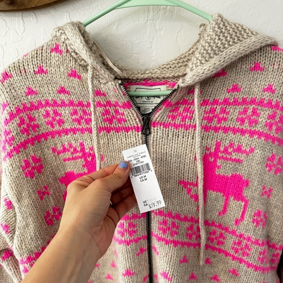 American Eagle Chunky Knit Zip Up Reindeer Pink Tan Hooded Sweater Medium - Picture 3 of 5